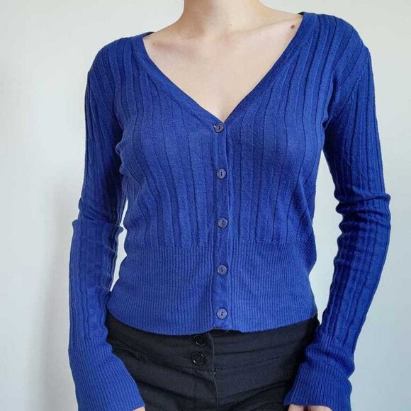 Vintage royal blue ribbed cardigan ✦ y2k classic button up cardigan ✦ - Picture 3 of 13
